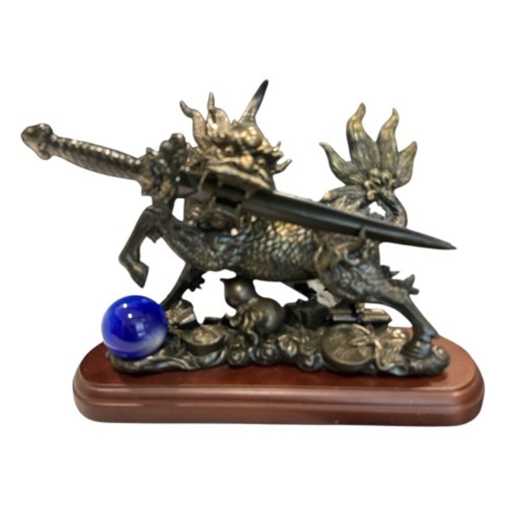 Polyresin Pixiu Dragon with Sword on Wood Stand in Box